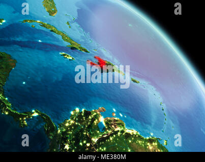 Satellite view of Haiti highlighted in red on planet Earth with clouds ...