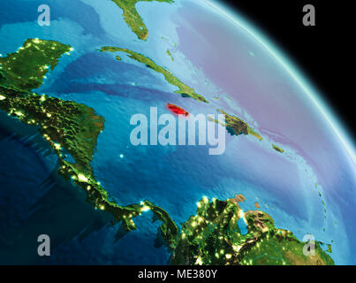 Satellite morning view of Jamaica highlighted in red on planet Earth. 3D illustration. Elements of this image furnished by NASA. Stock Photo