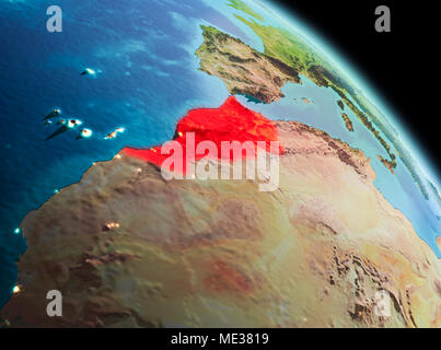 Satellite morning view of Morocco highlighted in red on planet Earth. 3D illustration. Elements of this image furnished by NASA. Stock Photo