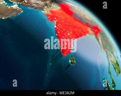 Satellite morning view of India highlighted in red on planet Earth. 3D illustration. Elements of this image furnished by NASA. Stock Photo