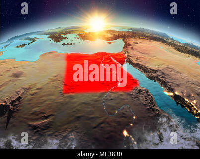 Satellite view of Egypt highlighted in red on planet Earth with clouds during sunrise. 3D illustration. Elements of this image furnished by NASA. Stock Photo