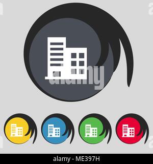 high-rise commercial buildings and residential apartments icon sign. Symbol on five colored buttons. Vector illustration Stock Vector