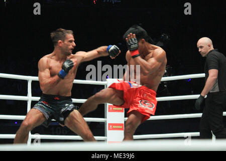 Pasay City, Philippines. 20th Apr, 2018. Kevin Belingon lands a kick to the thigh of Andrew Leone. Credit: Dennis Jerome Acosta/ Pacific Press/Alamy Live News Stock Photo