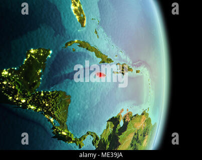 Early morning view of Jamaica highlighted in red on planet Earth. 3D illustration. Elements of this image furnished by NASA. Stock Photo