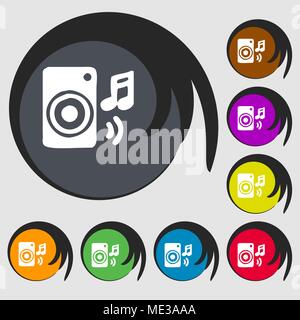 music column, disco, music, melody, speaker icon sign. Symbol on eight colored buttons. Vector illustration Stock Vector