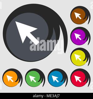 arrow cursor, computer mouse icon sign. Symbol on eight colored buttons. Vector illustration Stock Vector