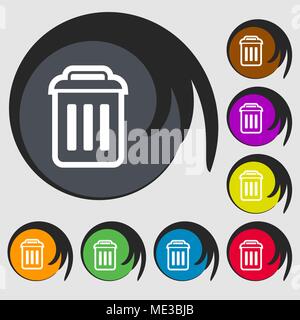 the trash icon sign. Symbol on eight colored buttons. Vector illustration Stock Vector