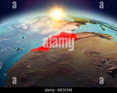 Satellite view of Morocco highlighted in red on planet Earth with clouds during sunrise. 3D illustration. Elements of this image furnished by NASA. Stock Photo