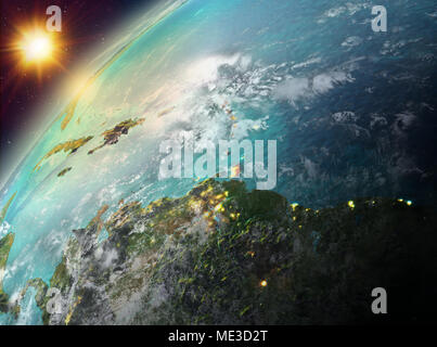 Illustration of Caribbean as seen from Earth’s orbit during sunset. 3D illustration. Elements of this image furnished by NASA. Stock Photo