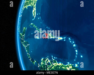 Space orbit view of Haiti highlighted in red on planet Earth at night ...