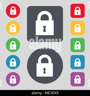 closed lock icon sign. A set of 12 colored buttons. Flat design. Vector illustration Stock Vector