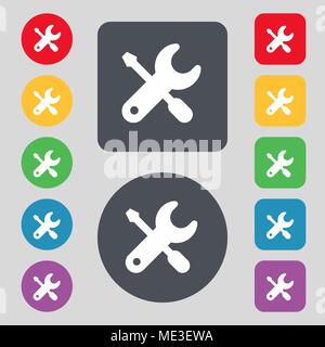 screwdriver, key, settings icon sign. A set of 12 colored buttons. Flat design. Vector illustration Stock Vector