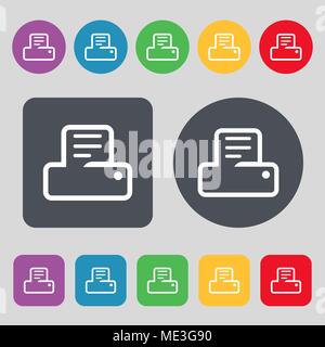 Printing icon sign. A set of 12 colored buttons. Flat design. Vector illustration Stock Vector