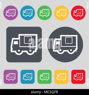 Delivery truck icon  sign. A set of 12 colored buttons. Flat design. Vector illustration Stock Vector