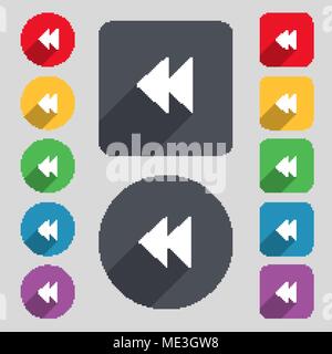 rewind icon sign. A set of 12 colored buttons and a long shadow. Flat design. Vector illustration Stock Vector