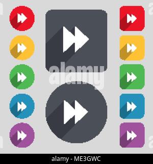 rewind icon sign. A set of 12 colored buttons and a long shadow. Flat design. Vector illustration Stock Vector