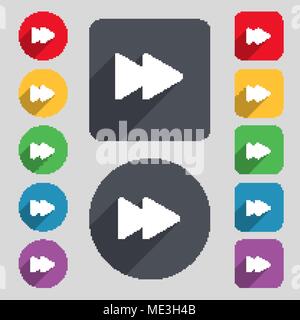 rewind icon sign. A set of 12 colored buttons and a long shadow. Flat design. Vector illustration Stock Vector