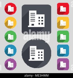high-rise commercial buildings and residential apartments icon sign. A set of 12 colored buttons and a long shadow. Flat design. Vector illustration Stock Vector