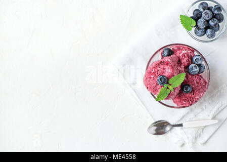 Healthy homemade raw vegan banana and berry ice cream (icecream, nicecream) topped with organic blueberries and mint - healthy vegetarian diet vegan r