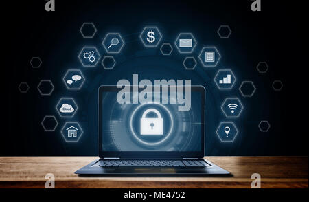 Cyber internet security system. Lock icon technology on computer laptop screen with application icons Stock Photo