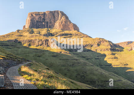 The view at sunrise of part of the Sentinel Trail to the Tugela Falls in the Drakensberg. The Sentinel is in the back Stock Photo
