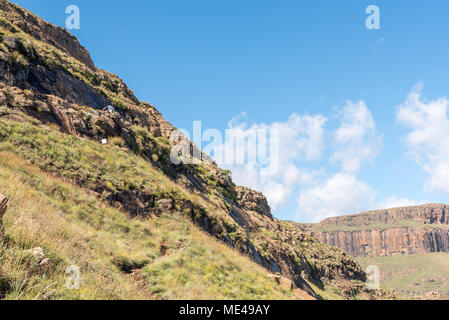 The Sentinel Trail to the Tugela Falls in the Drakensberg. A ladder and hiker is visible Stock Photo