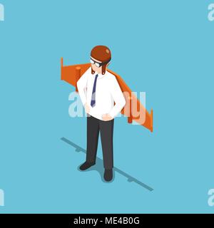 Flat 3d isometric businessman wearing helmet and aviator goggles with toy wings. Business startup and creative concept. Stock Vector