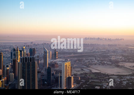 View of the Dubai skyline at dawn from the Burj Khalifa Stock Photo