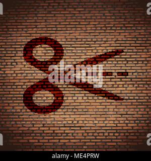 Scissors with cut dash dotted line icon symbol on a brick wall. vector Stock Vector