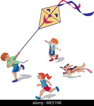 A Vector Illustration Of Kids Flying Kites In A Park Stock Vector Image 