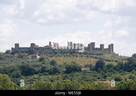 Monteriggioni in Tuscany, Italy.  Historic walled town which is very popular with tourists. Situated on a hill and comprising restaurants and churches. Stock Photo