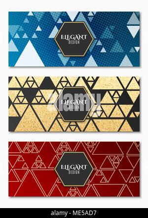 Collection of elegant luxury cards for your design. Geometric design. Chaotic golden triangles. Golden glitters. Greeting card. Geometric banners. Vec Stock Vector