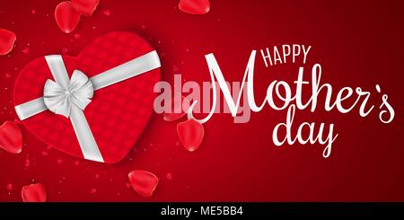 Greeting card for Mothers Day. Red gift box of heart with bow. Red background. Rose petals and confetti. I love mommy. Calligraphy and lettering. Vect Stock Vector