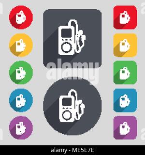 MP3 player, headphones, music icon sign. A set of 12 colored buttons and a long shadow. Flat design. Vector illustration Stock Vector