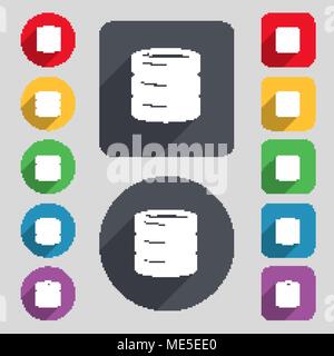 hard drive date base icon sign. A set of 12 colored buttons and a long shadow. Flat design. Vector illustration Stock Vector