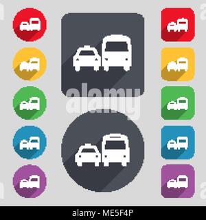 taxi icon sign. A set of 12 colored buttons and a long shadow. Flat design. Vector illustration Stock Vector