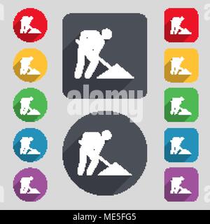 repair of road, construction work icon sign. A set of 12 colored buttons and a long shadow. Flat design. Vector illustration Stock Vector