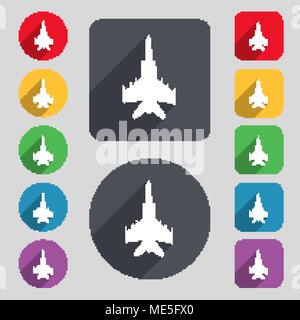 fighter icon sign. A set of 12 colored buttons and a long shadow. Flat design. Vector illustration Stock Vector