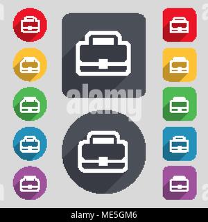 Briefcase icon sign. A set of 12 colored buttons and a long shadow. Flat design. Vector illustration Stock Vector