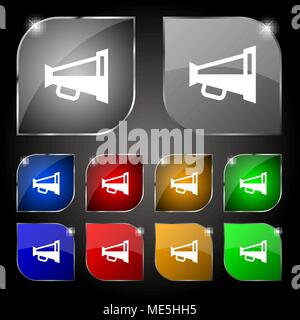 Megaphone soon, Loudspeaker icon sign. Set of ten colorful buttons with glare. Vector illustration Stock Vector