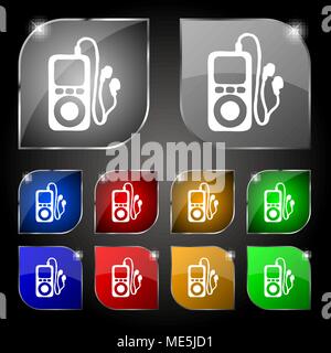 MP3 player, headphones, music icon sign. Set of ten colorful buttons with glare. Vector illustration Stock Vector