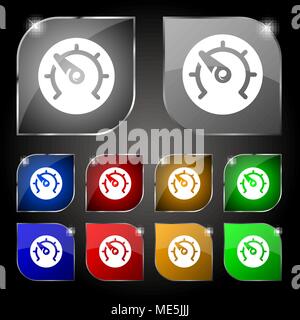 speed, speedometer icon sign. Set of ten colorful buttons with glare. Vector illustration Stock Vector