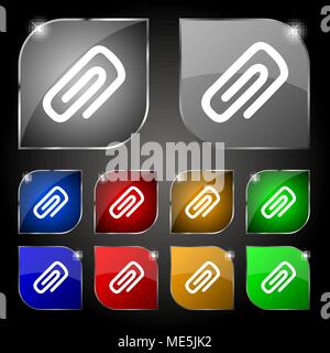 clip to paper icon sign. Set of ten colorful buttons with glare. Vector illustration Stock Vector