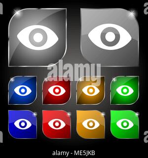 sixth sense, the eye icon sign. Set of ten colorful buttons with glare. Vector illustration Stock Vector