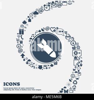 Missile,Rocket weapon icon sign in the center. Around the many beautiful symbols twisted in a spiral. You can use each separately for your design. Vec Stock Vector