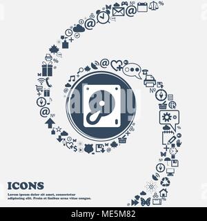 Hard disk and database icon sign in the center. Around the many beautiful symbols twisted in a spiral. You can use each separately for your design. Ve Stock Vector