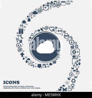 Cloud icon sign in the center. Around the many beautiful symbols twisted in a spiral. You can use each separately for your design. Vector illustration Stock Vector