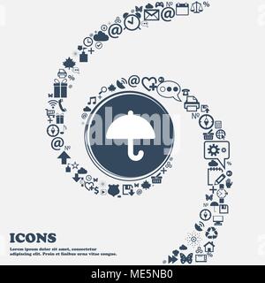 Umbrella icon sign in the center. Around the many beautiful symbols twisted in a spiral. You can use each separately for your design. Vector illustrat Stock Vector