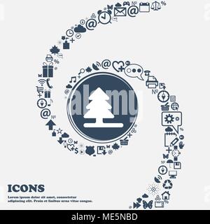 Christmas tree icon sign in the center. Around the many beautiful symbols twisted in a spiral. You can use each separately for your design. Vector ill Stock Vector