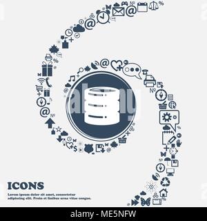 hard drive, date base icon sign in the center. Around the many beautiful symbols twisted in a spiral. You can use each separately for your design. Vec Stock Vector